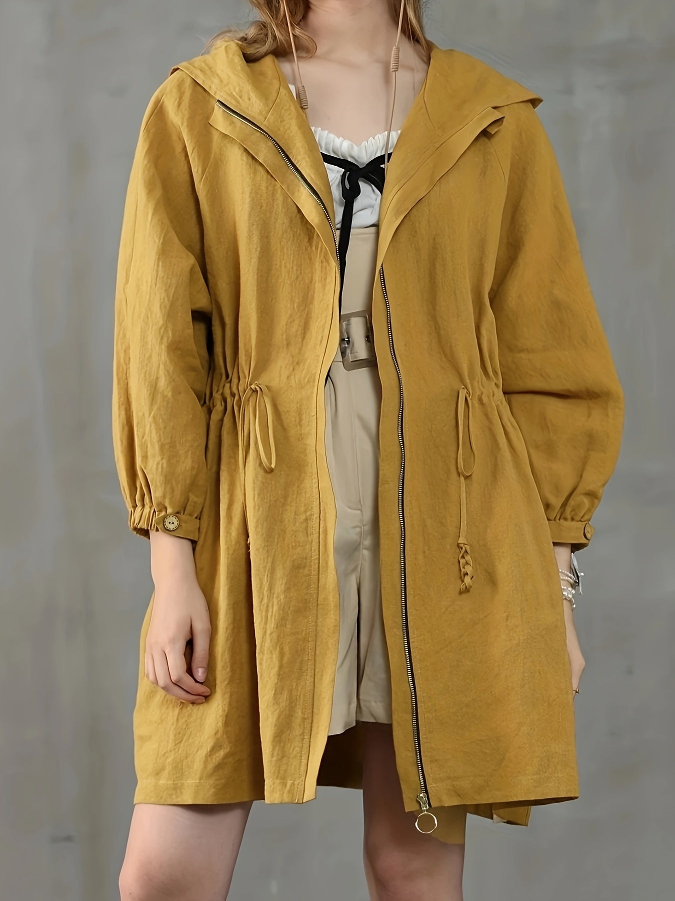 Plus Size Casual Trench Coat, Women's Plus Solid Drawstring Long Sleeve Zipper Hooded Trench Coat