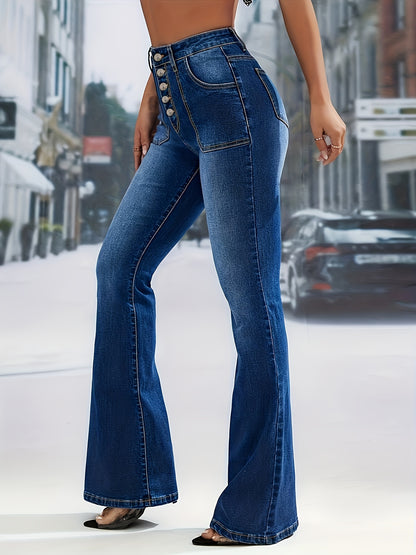 xieyinshe Single-breasted High Rise Flare Leg Jeans, Washed Slash Pocket Elegant Bell Bottom Denim Pants, Women's Denim Jeans & Clothing