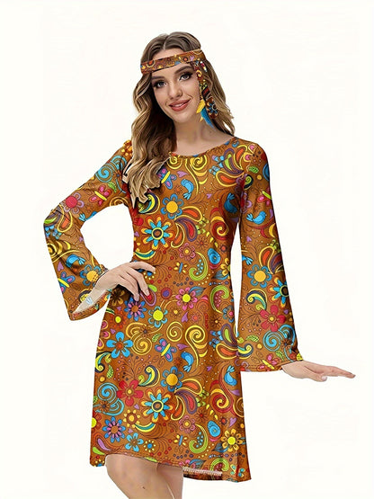 xieyinshe  70s Hippie Halloween Costume Dress, Vintage Floral Flared Long Sleeve Party Dress, Women's Clothing