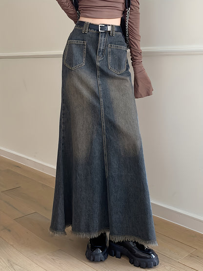 xieyinshe  Raw Hem Patch Pocket Trumpet Denim Skirt, Vintage Washed High Rise Elegant Maxi Denim Skirt, Women's Denim Jeans & Clothing