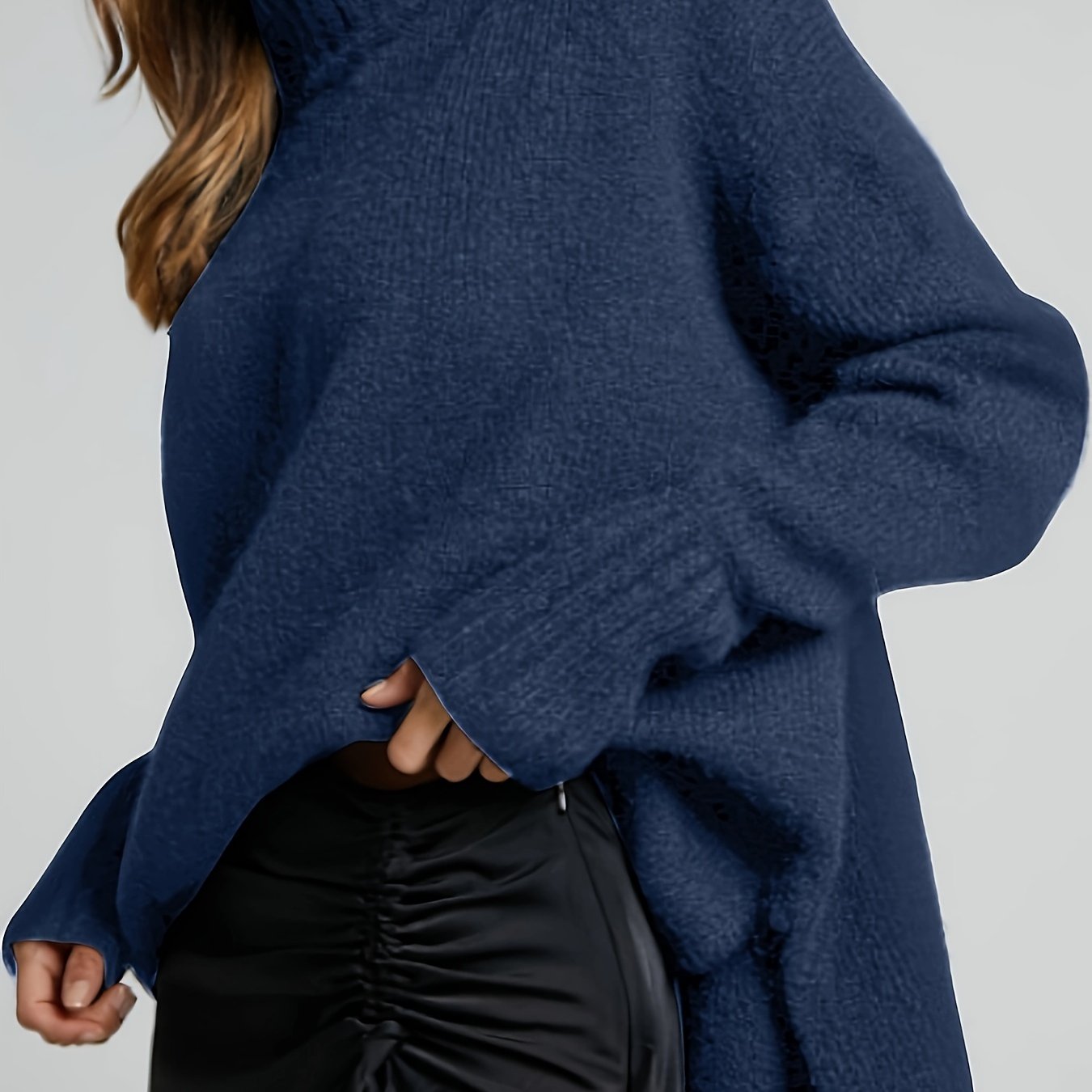 xieyinshe  Solid Turtle Neck Pullover Sweater, Casual Long Sleeve Split Oversized Sweater, Women's Clothing