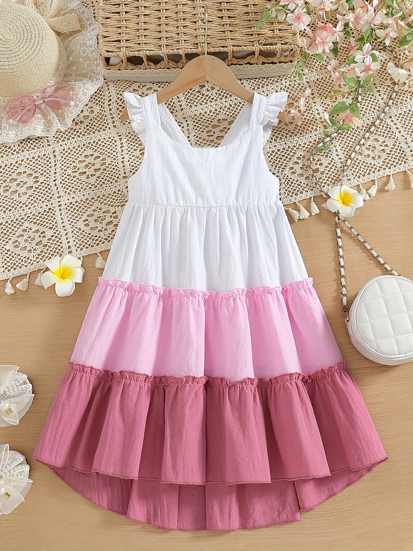 100% Cotton Little Princess Sleeveless Color Block Ruffle Trim Dress - Soft, Breathable, Regular Fit, Perfect for Summer Holiday Party and Outdoor Play - Girls Casual Wear