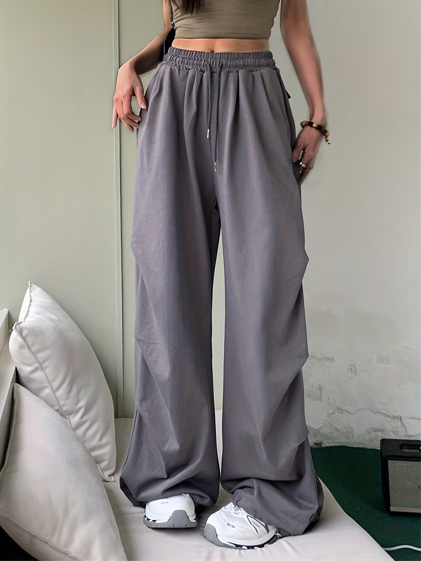 xieyinshe  Solid Color Wide Leg Cargo Pants, Y2K Pants For Spring & Summer, Women's Clothing