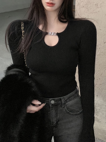 xieyinshe  Solid Chain Cut Out Knitted Top, Casual Long Sleeve Slim Inner Wear Sweater, Women's Clothing