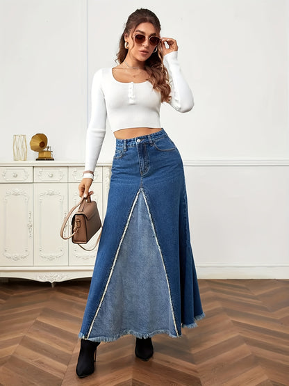 xieyinshe Two Tone Patchwork Denim Midi Skirt, Frayed Hem Slant Pockets Chic Denim Skirt, Women's Denim Clothing