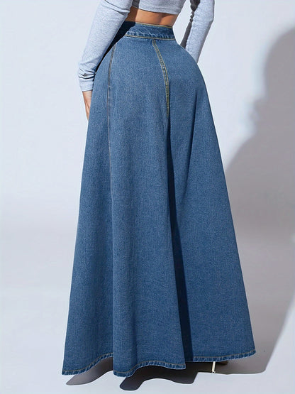 xieyinshe  Single-breasted Button Denim Midi Skirt, High Waist A-line Vintage Elegant Denim Skirts, Women's Denim Clothing