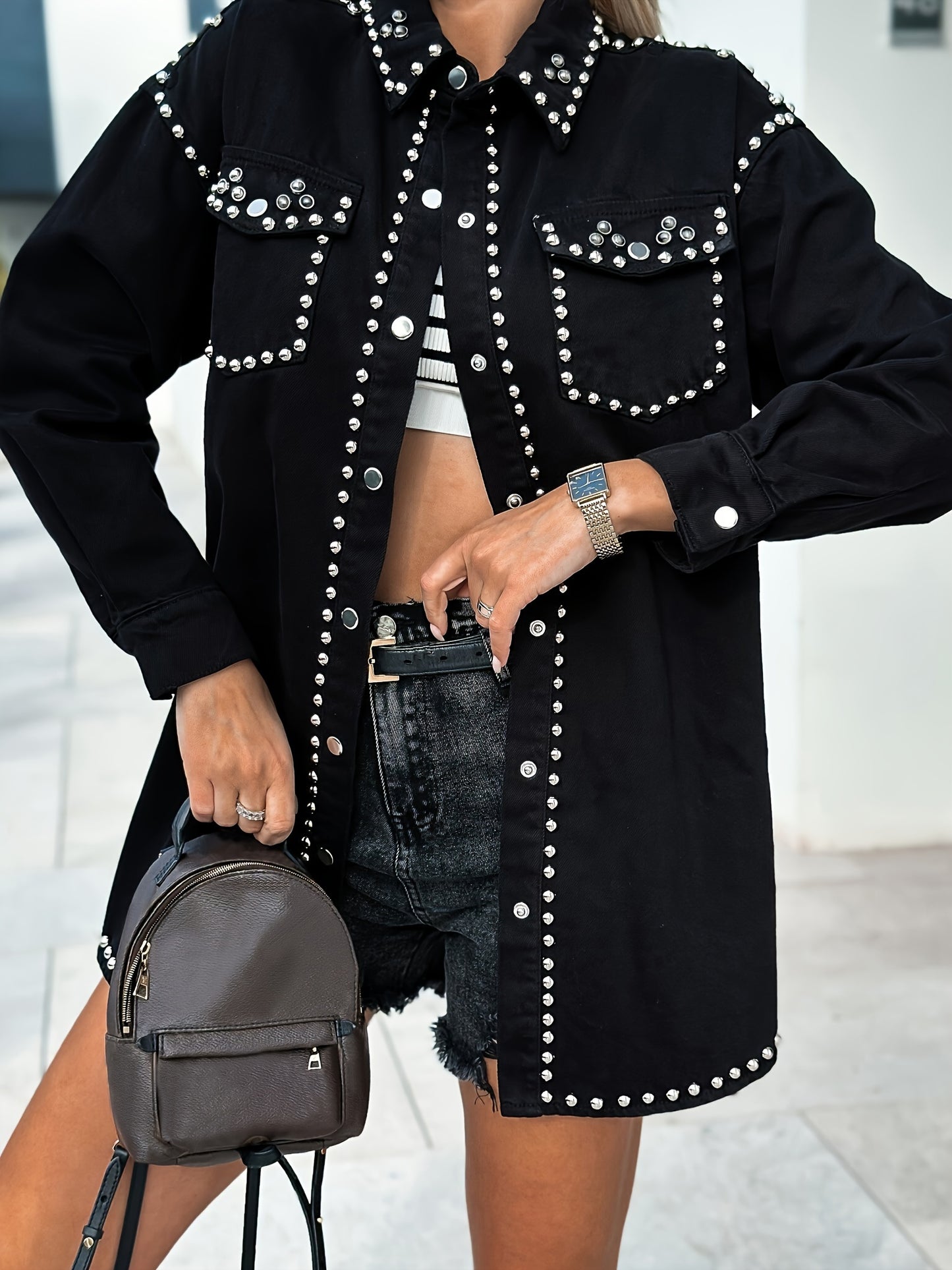 xieyinshe Black Rivet Decor Denim Jackets, Long Sleeves Street Style Lapel Denim Coats, Women's Denim Clothing
