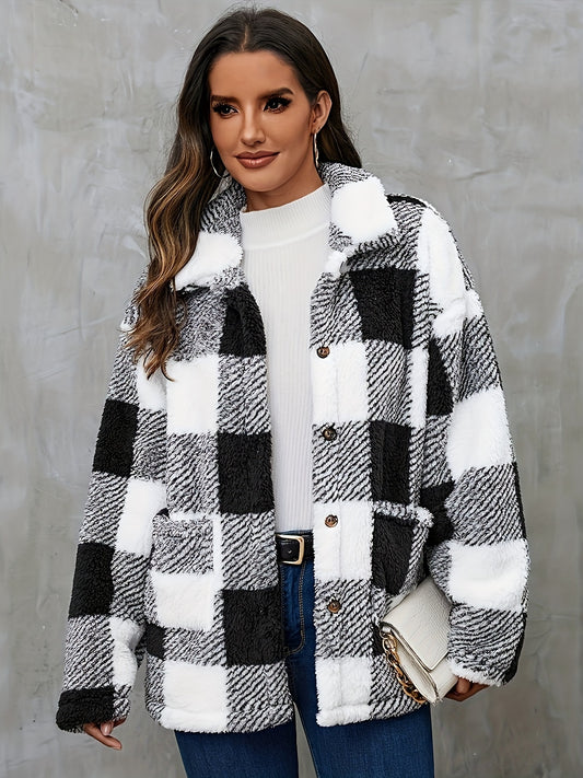 xieyinshe Plaid Print Teddy Coat, Casual Button Front Long Sleeve Outerwear, Women's Clothing