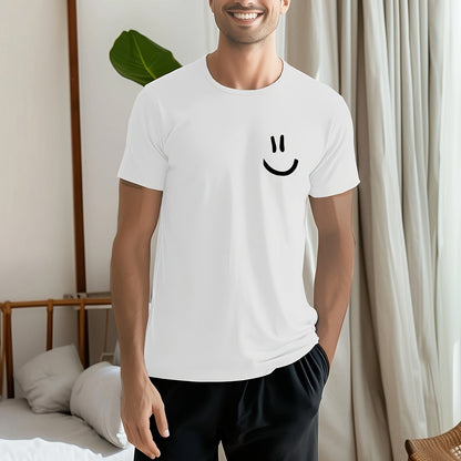 Men's Smile Face Print Short Sleeve Pajama T-Shirts, Fashion Design With Solid Color & Crew Neck, For Summer Sleep Wear