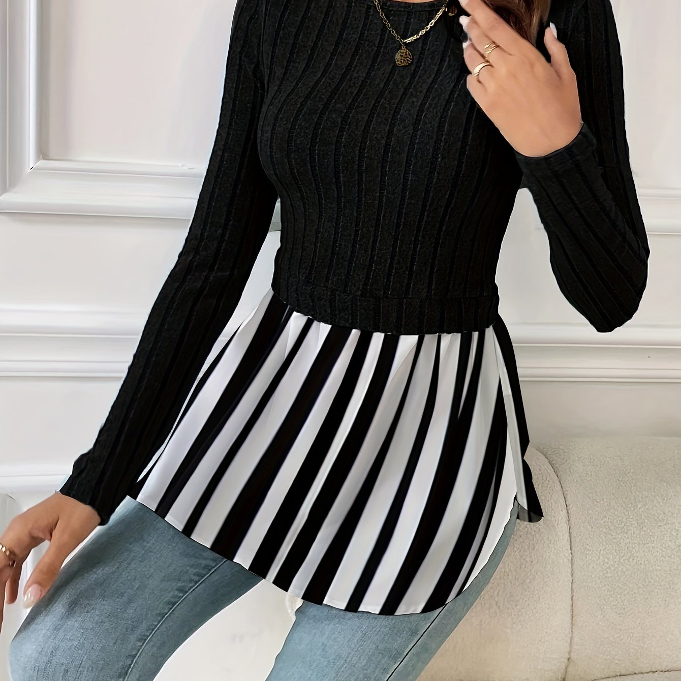 xieyinshe  2 In 1 Ribbed Paneled Crew Neck T-Shirt, Casual Long Sleeve Top For Spring & Fall, Women's Clothing