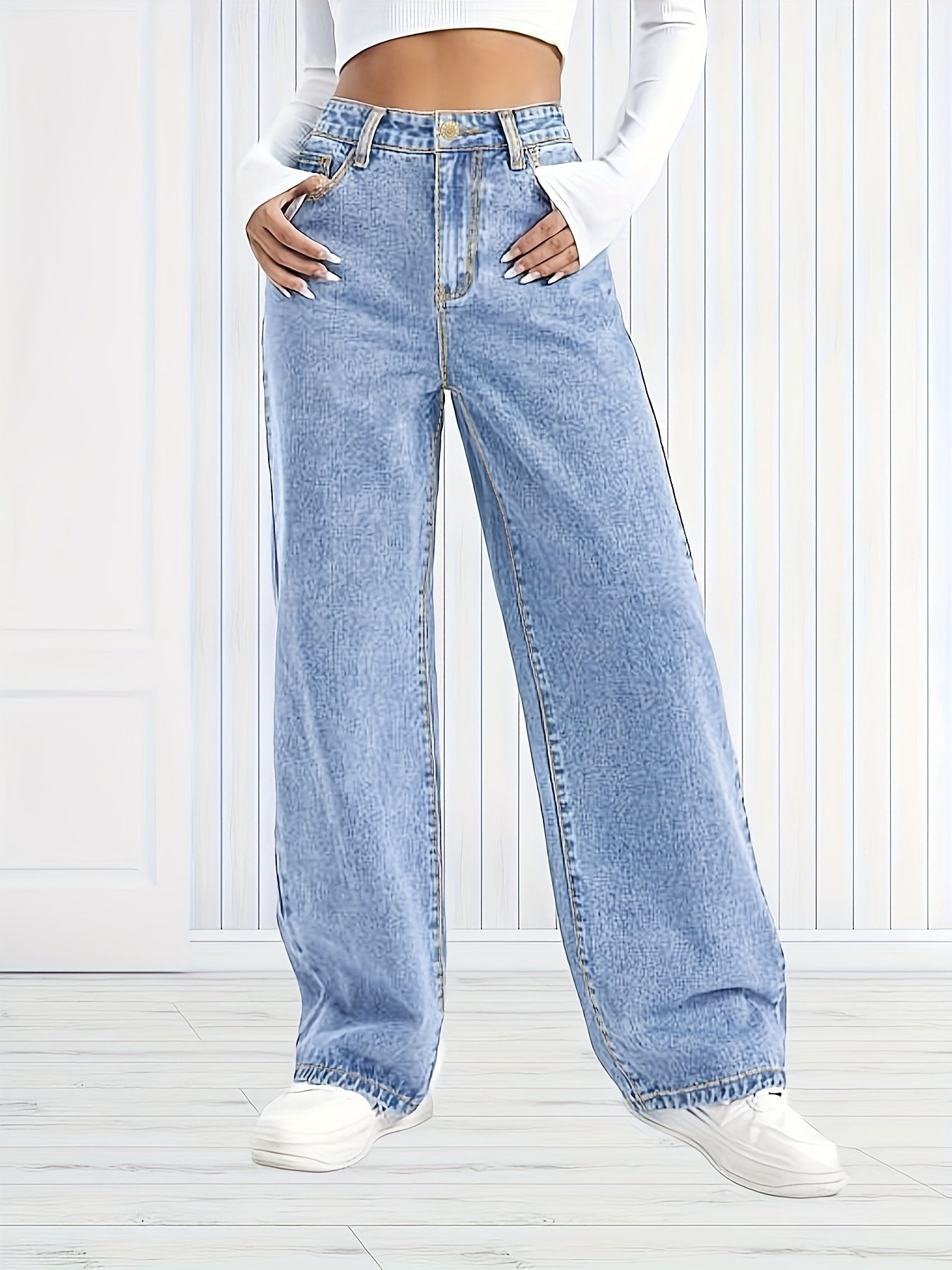 xieyinshe  Plain Washed Blue Wide Leg Jeans, Casual Slash Pocket Loose Fit Denim Pants, Women's Denim Jeans & Clothing