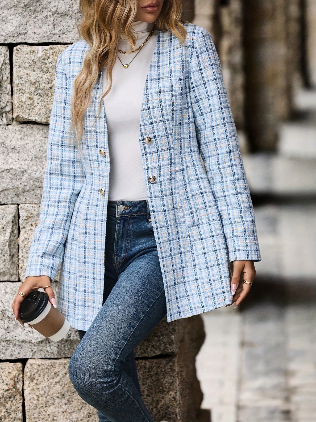 xieyinshe  Plaid Print Button Front Coat, Elegant Long Sleeve V Neck Tunic Jacket For Fall & Winter, Women's Clothing