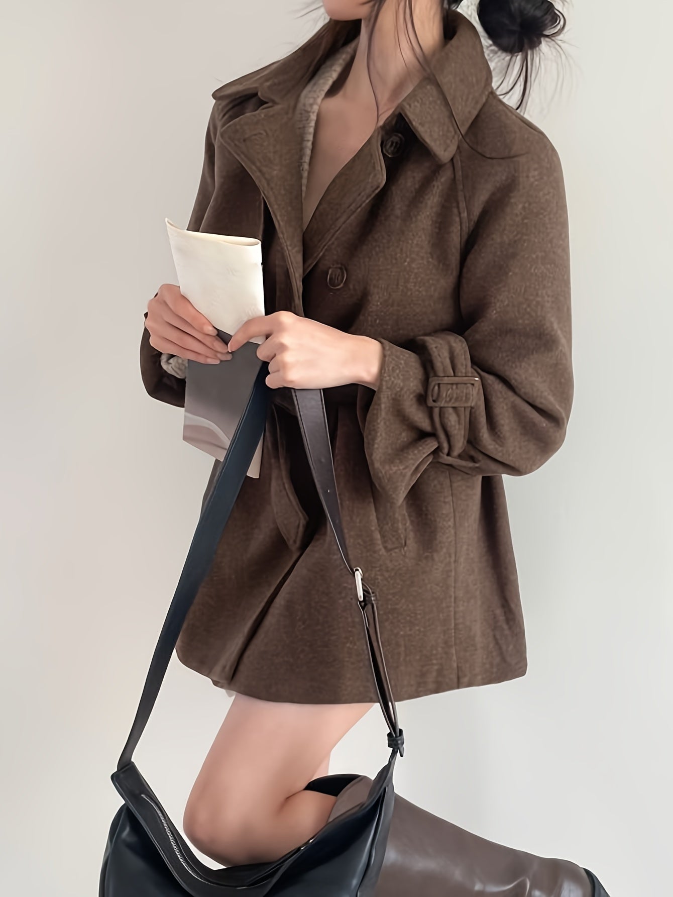 xieyinshe  Solid Lapel Belted Overcoat, Elegant Long Sleeve Winter Warm Outwear, Women's Clothing