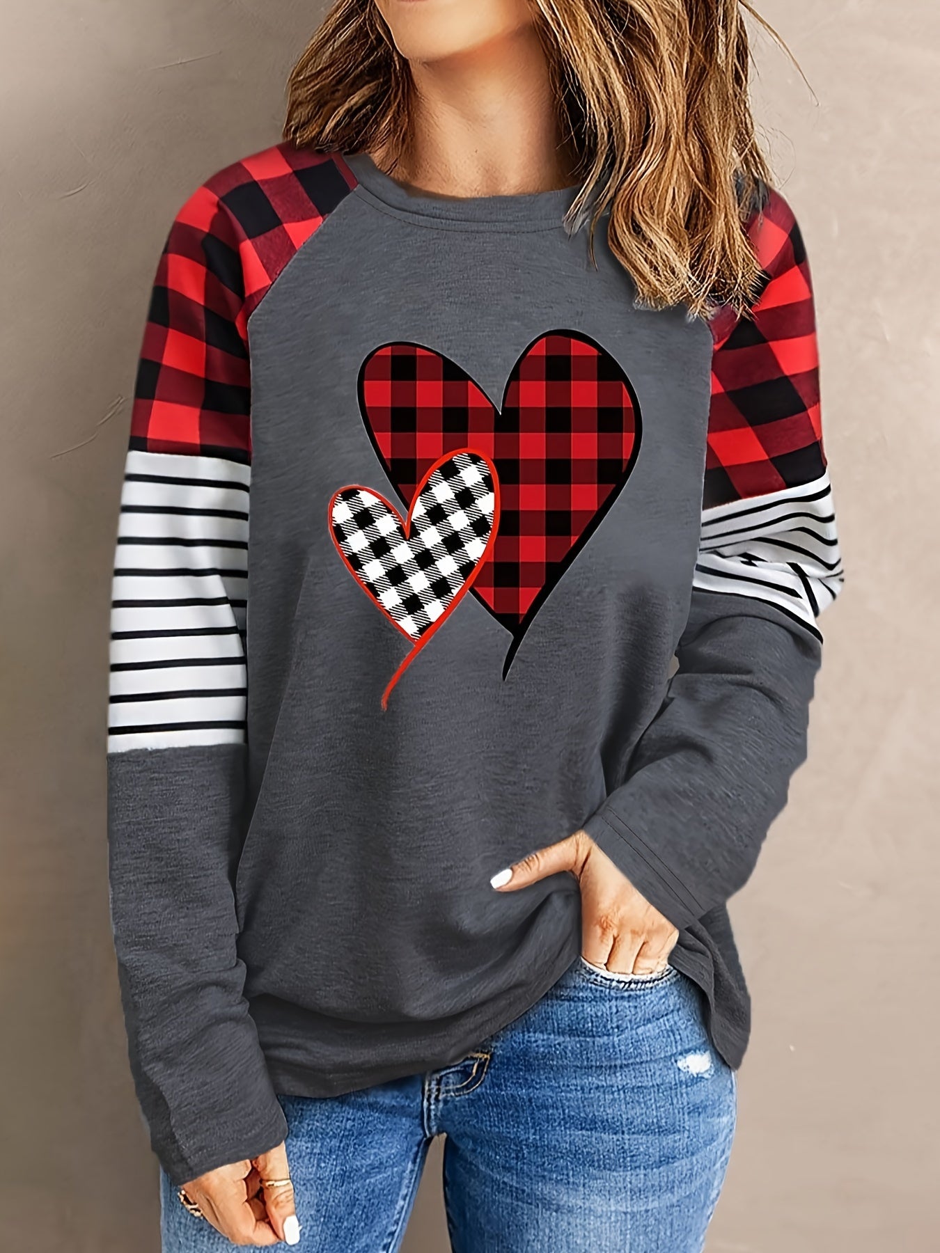 xieyinshe  Stripe & Plaid Heart Print Sweatshirt, Casual Long Sleeve Sweatshirt For Spring & Fall, Women's Clothing