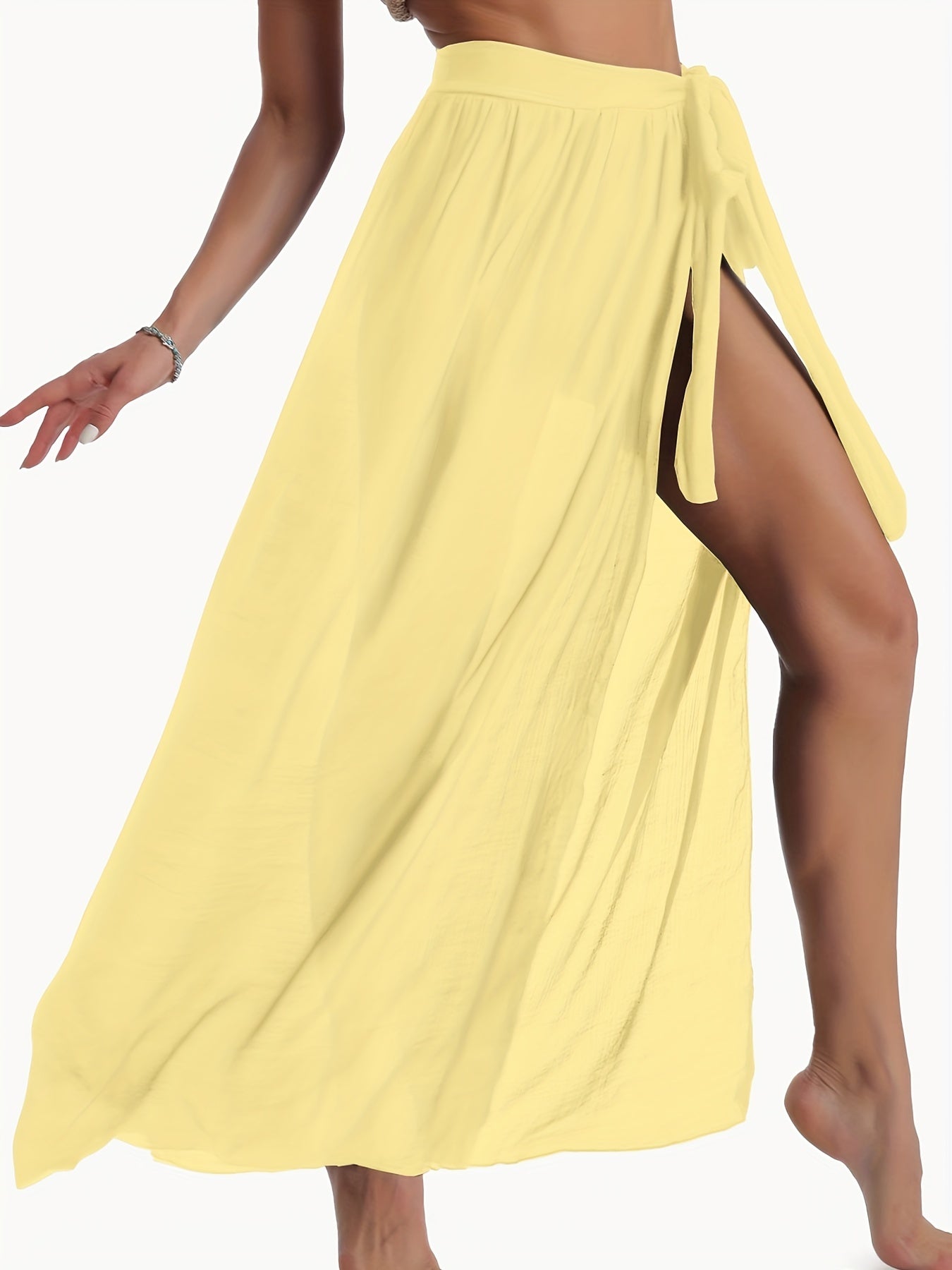 xieyinshe  Solid Color Semi-Sheer Cover Up Wrap, Slight-Stretch Casual Beach Cover Up Skirt, Women's Swimwear & Clothing