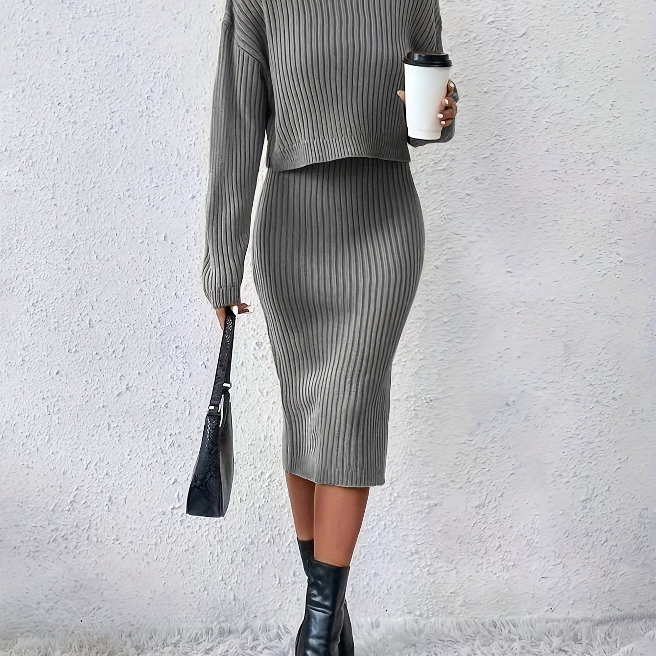 Casual Sweater Two-piece Set, Turtleneck Long Sleeve Tops & Sleeveless Bodycon Dress Outfits, Women's Clothing