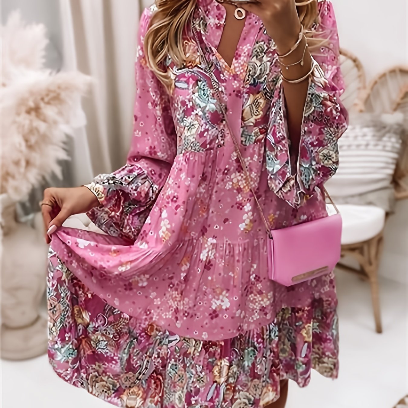 xieyinshe  Floral Print Ruffle Hem Dress, Boho Holiday Long Sleeve V-neck Dress, Women's Clothing