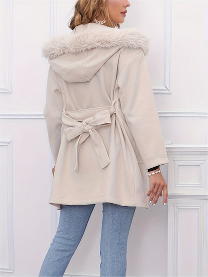 xieyinshe Fluffy Trim Warm Hooded Coat, Casual Open Front Long Sleeve Winter Outerwear, Women's Clothing