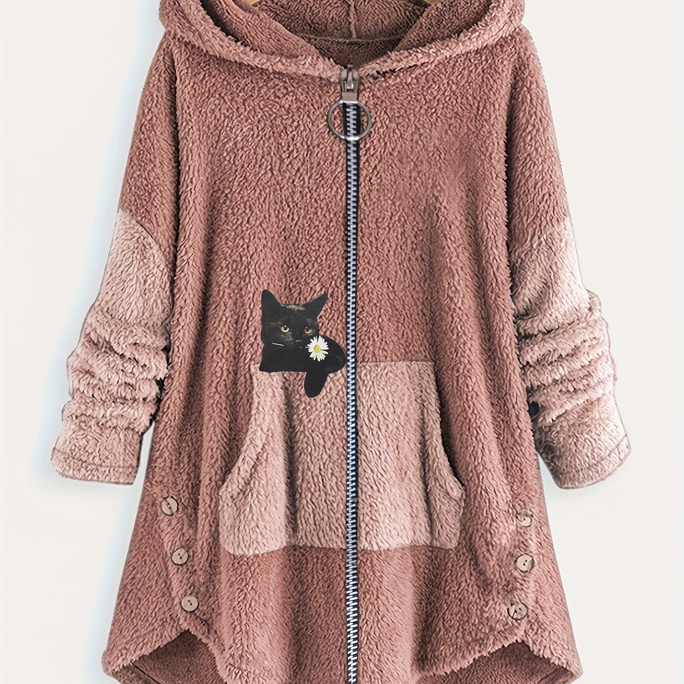 xieyinshe Plus Size Colorblock Cartoon Cat Print Hoodie Zip Up Fuzzy Coat, Women's Plus Slight Stretch Casual Warm Coat