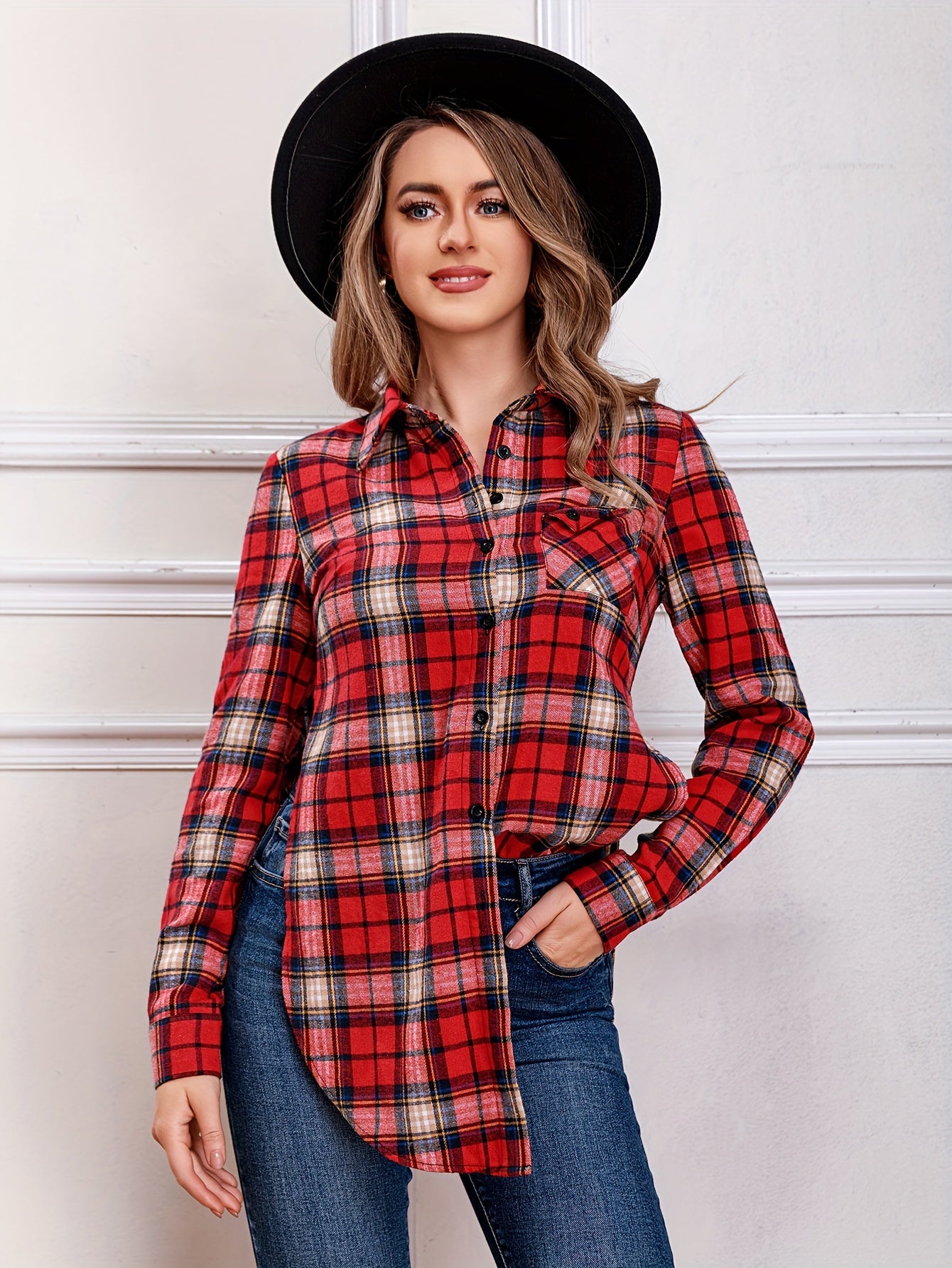 Plaid Print Polo Collar Slit Blouse, Casual Long Sleeve Blouse For Spring & Fall, Women's Clothing