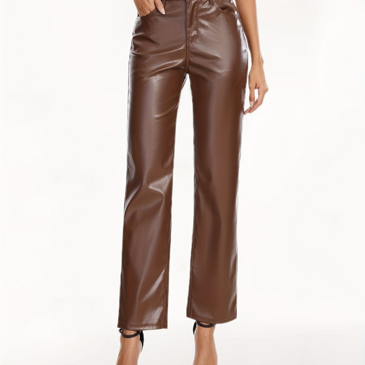 PU Leather Solid Pants, Elegant High Waist Comfy Pants For All Season, Women's Clothing