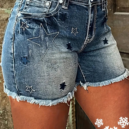 Y2K Chic Distressed Denim Shorts - Star Pattern, Raw Hem, Slash Pocket, Zipper Button Closure, Ripped Details - Women's Fashionable Jeans & Clothing for Casual Summer Outings