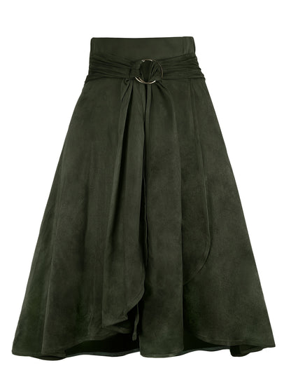 Solid Belted Ring Ruffle Hem Skirt, Elegant Midi Skirt For Spring & Summer, Women's Clothing