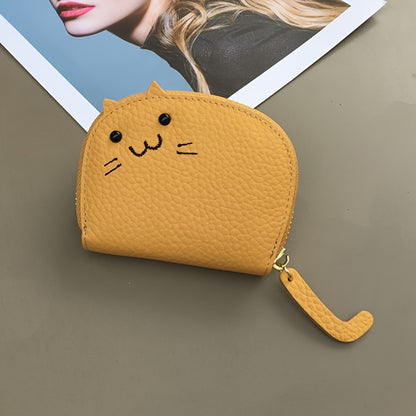 Compact & Chic Genuine Leather Cat-Design Wallet - Secure Zipper, Polyester Lined Coin Purse, and Sleek Card Holder