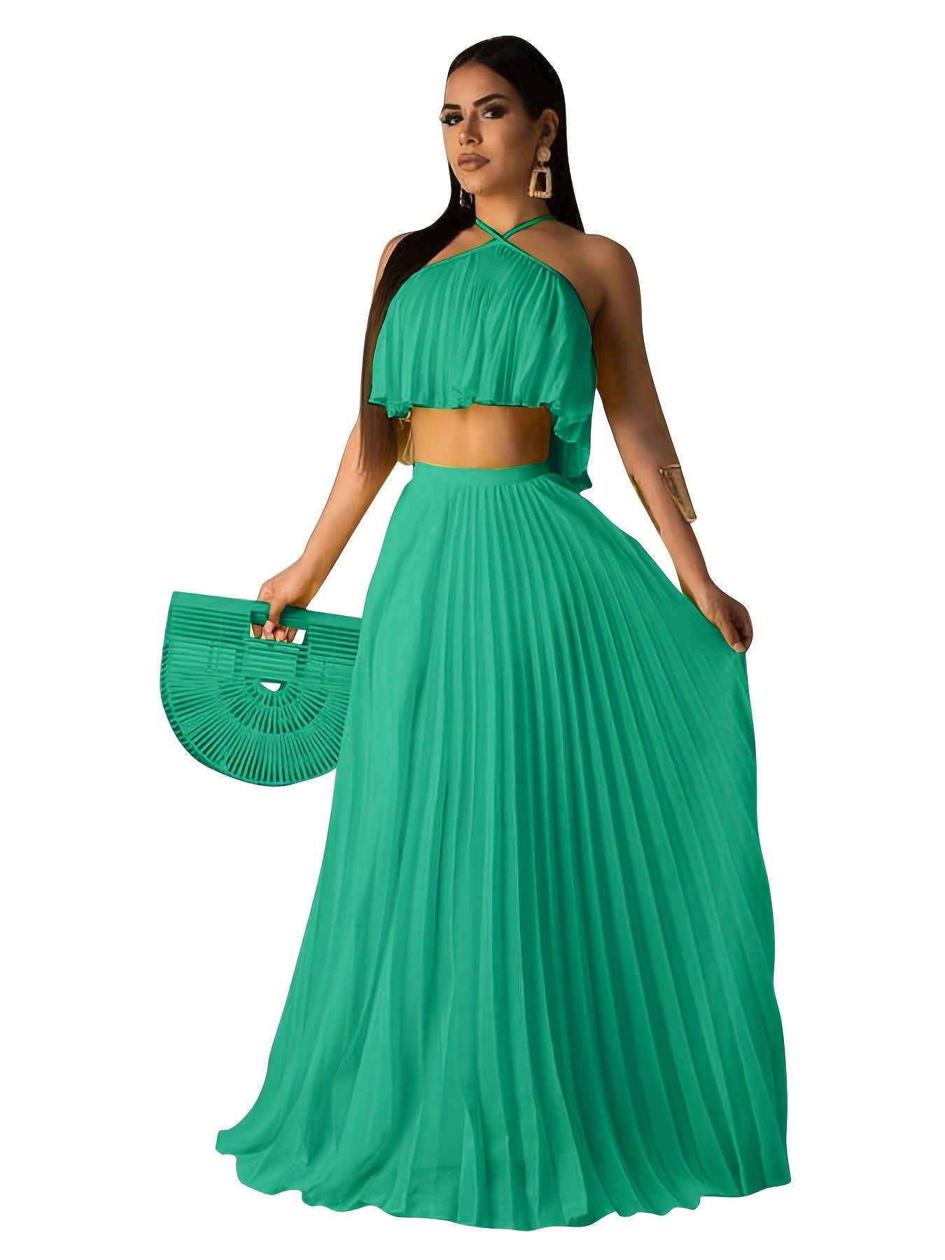 xieyinshe  Solid Pleated Two-piece Set, Spaghetti Sleeveless Top & High Waist Maxi Skirts Outfits, Women's Clothing