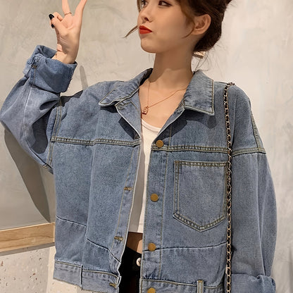 Blue Long Sleeves Denim Jackets, Asymmetrical Single Breasted Button Lapel Chic Denim Coats, Women's Denim Clothing