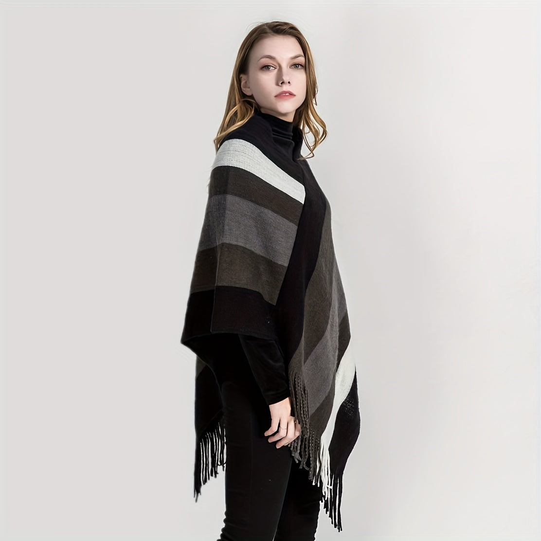 xieyinshe Trendy Striped Shawl Wrap Poncho Classic Coldproof Tassel Outdoor Windproof Warm Wraps For Women Autumn & Winter