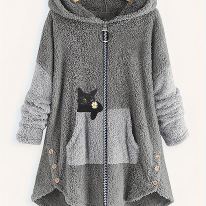 xieyinshe Plus Size Colorblock Cartoon Cat Print Hoodie Zip Up Fuzzy Coat, Women's Plus Slight Stretch Casual Warm Coat