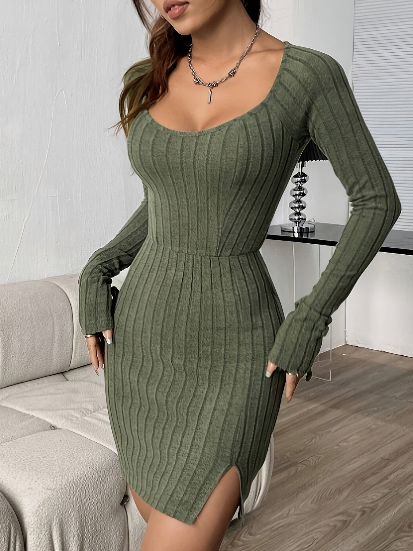 xieyinshe  Ribbed Split Hem Solid Dress, Elegant Long Sleeve Dress For Spring & Fall, Women's Clothing