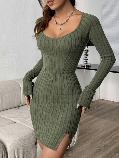 xieyinshe  Ribbed Split Hem Solid Dress, Elegant Long Sleeve Dress For Spring & Fall, Women's Clothing