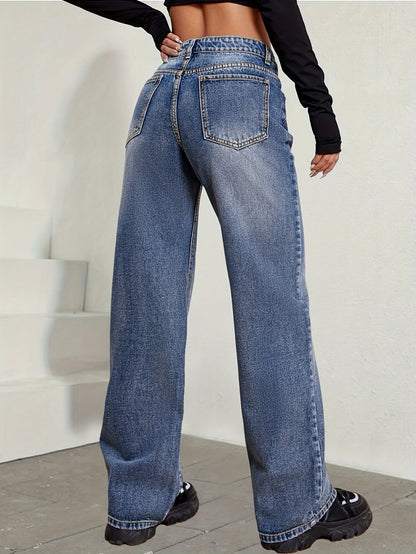 xieyinshe  Whiskering Washed Blue Wide Leg Jeans, Loose Fit Slash Pocket Comfy Denim Pants, Women's Denim Jeans & Clothing