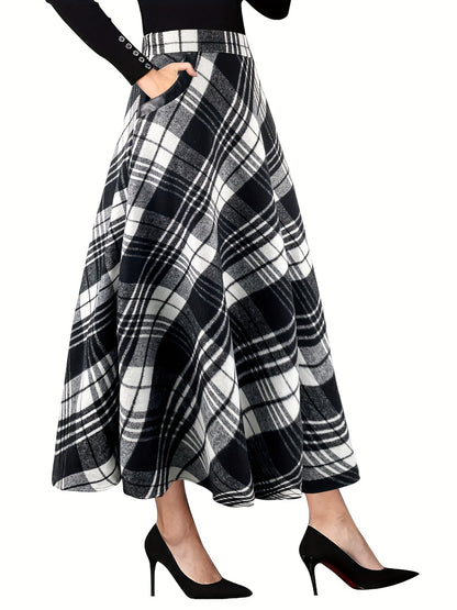 Plaid High Waist Maxi Skirt, Elegant Flared Warm Skirt For Fall & Winter, Women's Clothing
