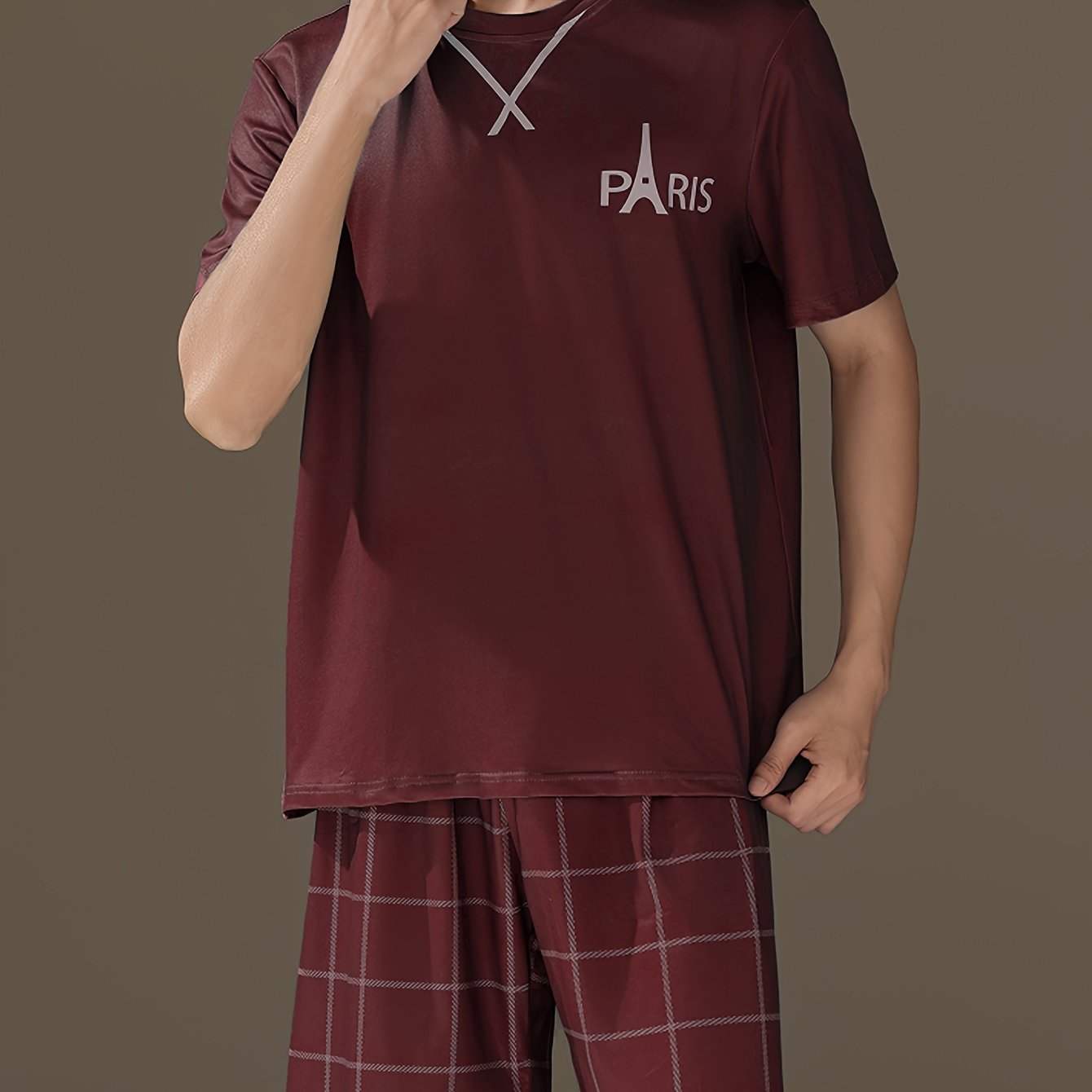 2 Pcs Mens Pajama Sets - Stylish Letter Pattern Short Sleeve T-Shirts & Soft Plaid Shorts, Gentle Style for Relaxed Fit, Ultra-Soft Fabric, Perfect for Mens Summer Lounging and Relaxation, Ideal Cozy Loungewear for Warm Weather