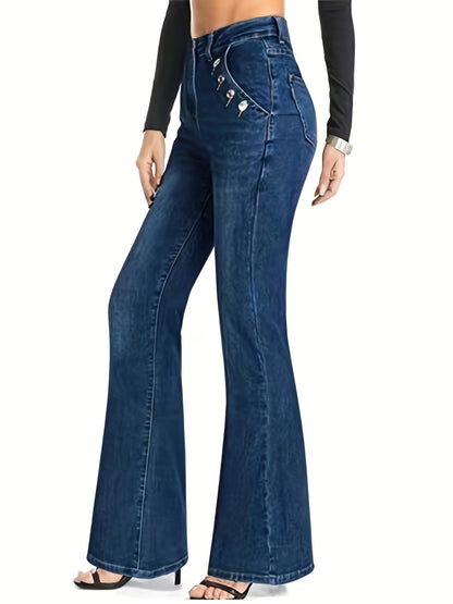 xieyinshe  Blue Mid Stretch Flare Jeans, Slant Pockets Double Single-Breasted Button Decor Bell Bottom Jeans, Women's Denim Jeans & Clothing