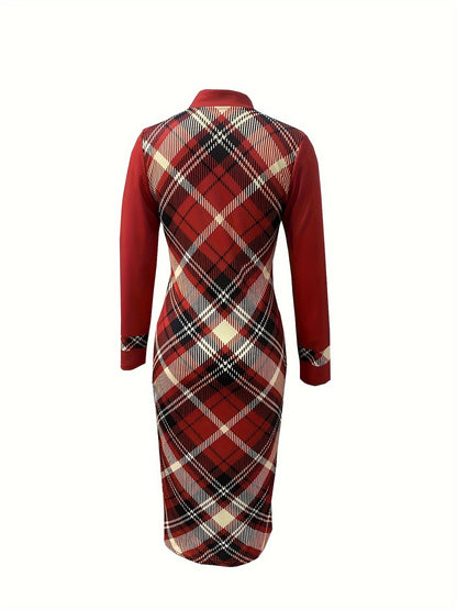 xieyinshe  Plaid Print Zipper Slim Dress, Elegant Long Sleeve Bodycon Dress For Spring & Fall, Women's Clothing