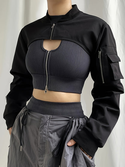 Solid Flap Pockets Crop Jacket, Versatile Long Sleeve Zipper Cropped Bomber Jacket, Women's Clothing