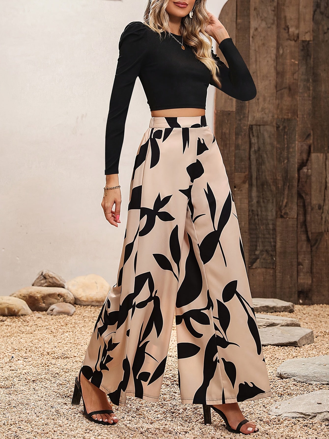 xieyinshe  Casual Two-piece Set, Solid Long Sleeve Crop Top & Wide Leg Pants Outfits, Women's Clothing