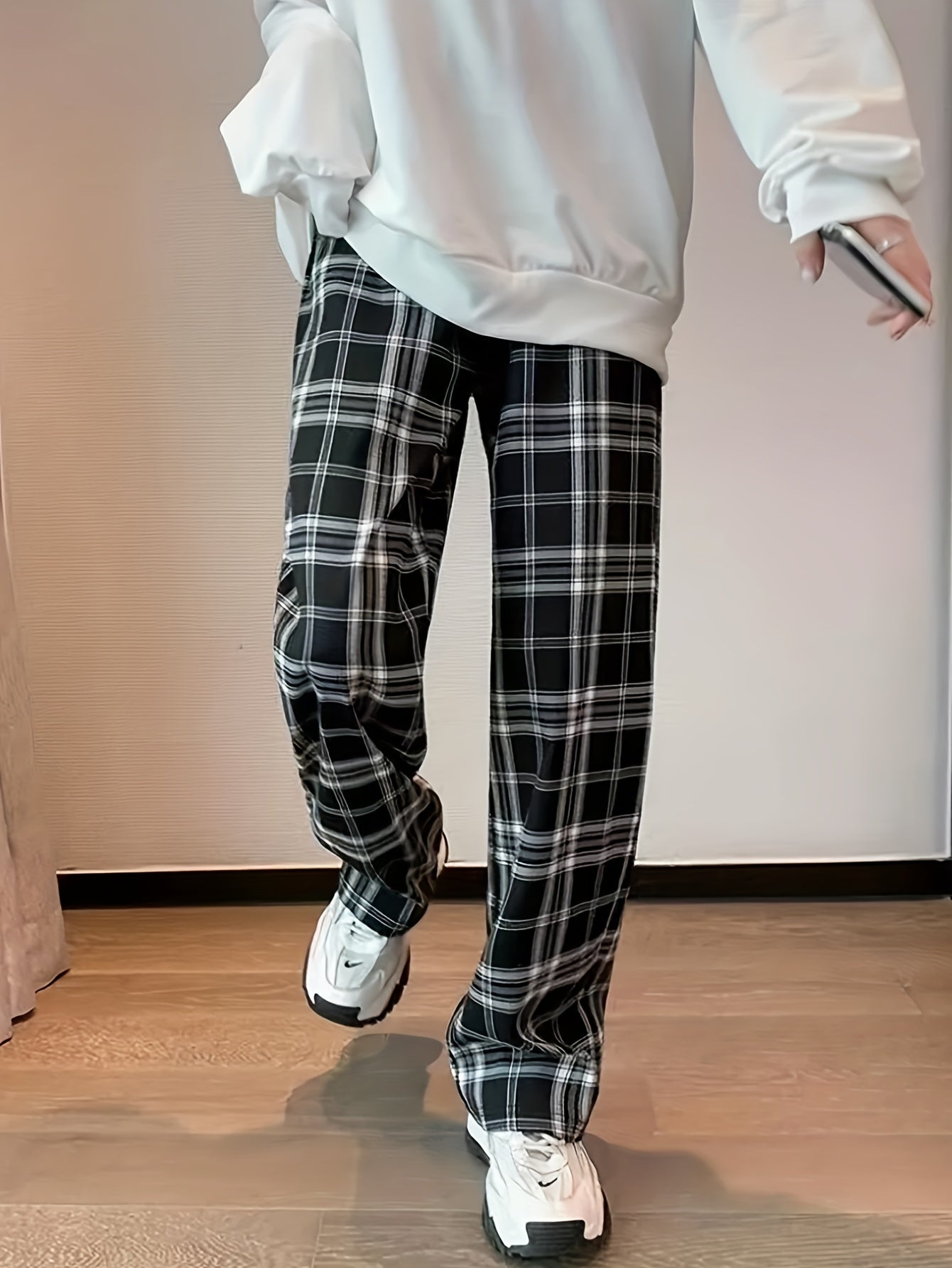 xieyinshe Plaid Print Loose Pants, Casual Elastic Waist Comfy Pants, Women's Clothing