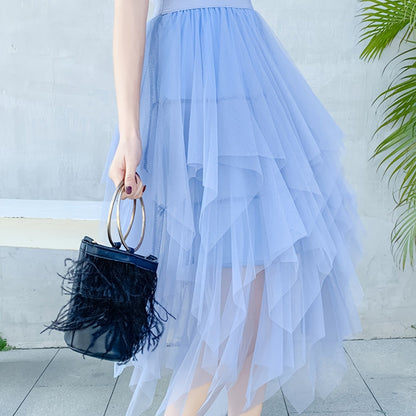 xieyinshe  Teen Girl Asymmetrical Tulle Long Skirt, Elastic High Waist Skirts For Elegant Outfit