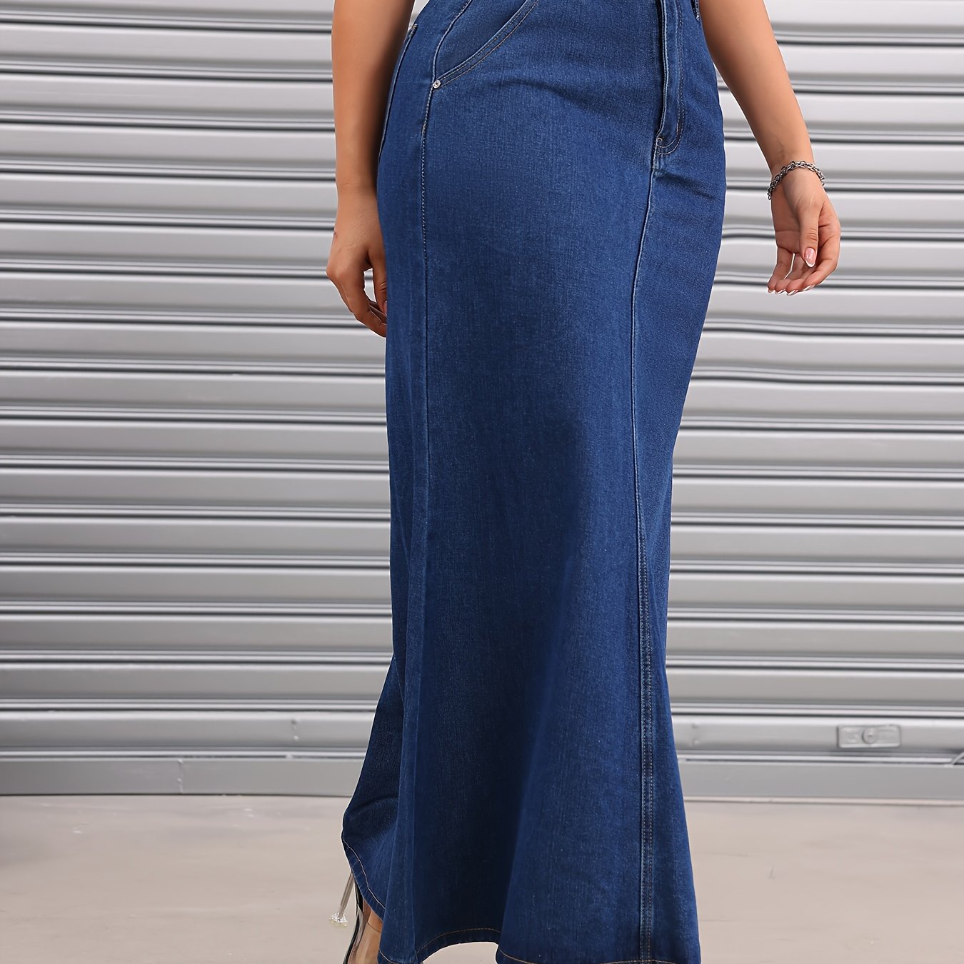 xieyinshe  Slant Pockets Casual Denim Maxi Skirt, Non-Stretch Versatile Denim Skirt, Women's Denim Clothing