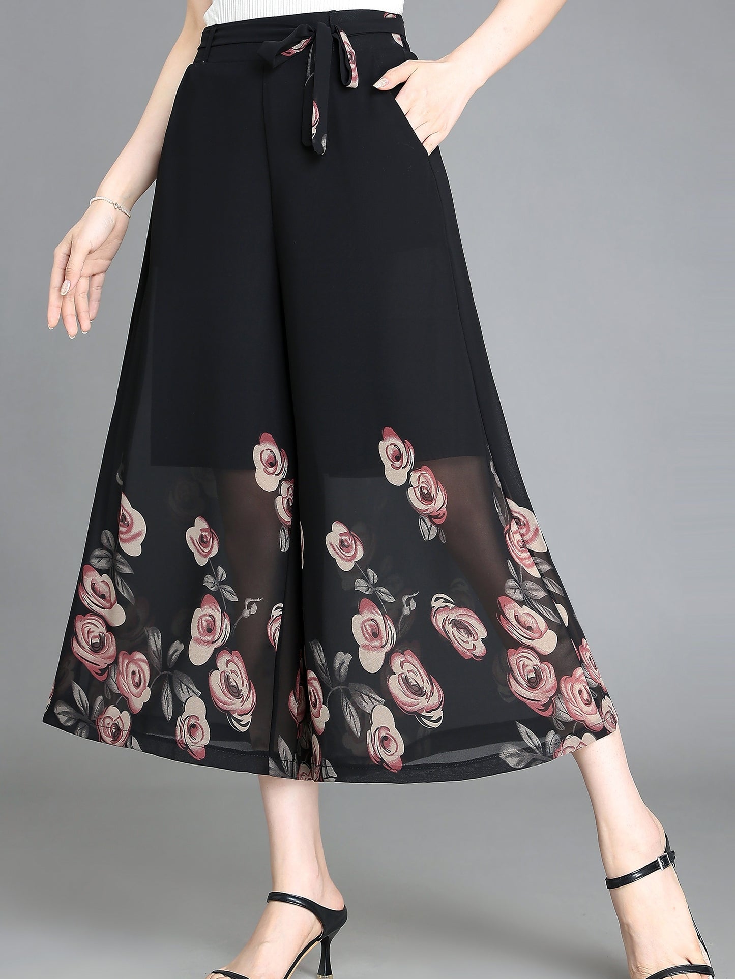 Floral Pattern Chiffon Cropped Wide Leg Pants, Casual Belted Pants For Spring & Fall, Women's Clothing