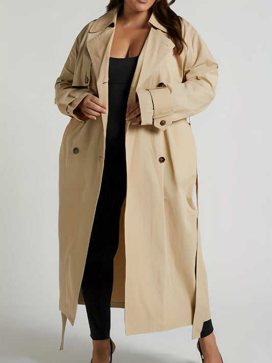 xieyinshe  Plus Size Elegant Trench Coat, Women's Plus Solid Long Sleeve Double Breast Button Lapel Collar Belted Longline Trench Coat With Pockets