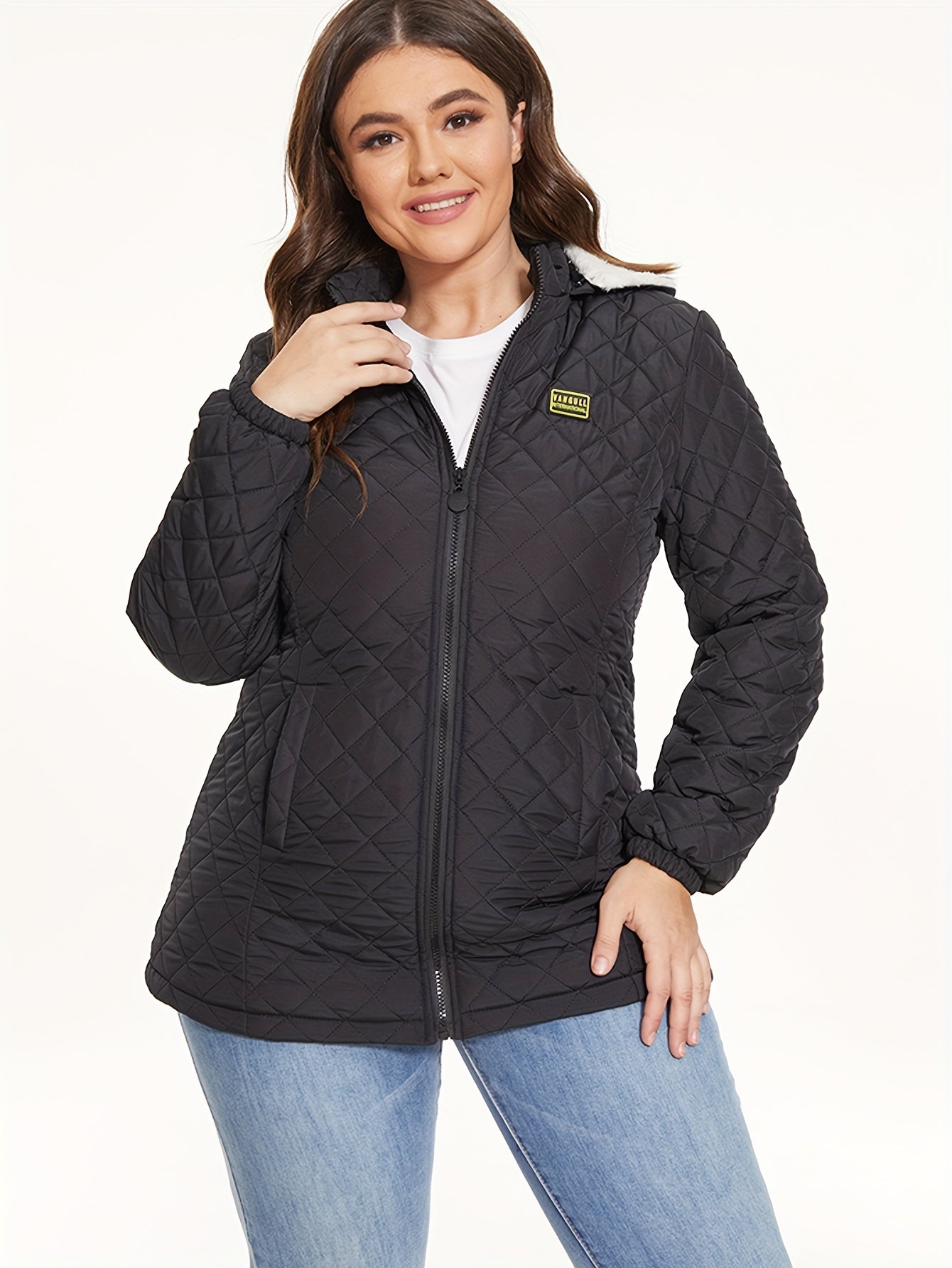 xieyinshe  Plus Size Casual Coat, Women's Plus Solid Quilted Liner Fleece Long Sleeve Hooded Zipper Coat For Fall & Winter, Women's Clothing