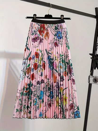 Plus Size Casual Skirt, Women's Plus Floral Print High Rise Pleated Midi Skirt