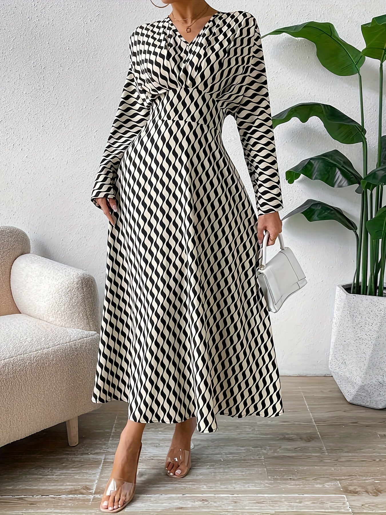 xieyinshe Striped Print High Waist Dress, Casual V Neck Long Sleeve Maxi Dress, Women's Clothing