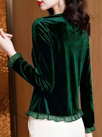 xieyinshe Velvet Lace Contrast Trim Top, Button Front V Neck Long Sleeve T-shirt, Women's Clothing